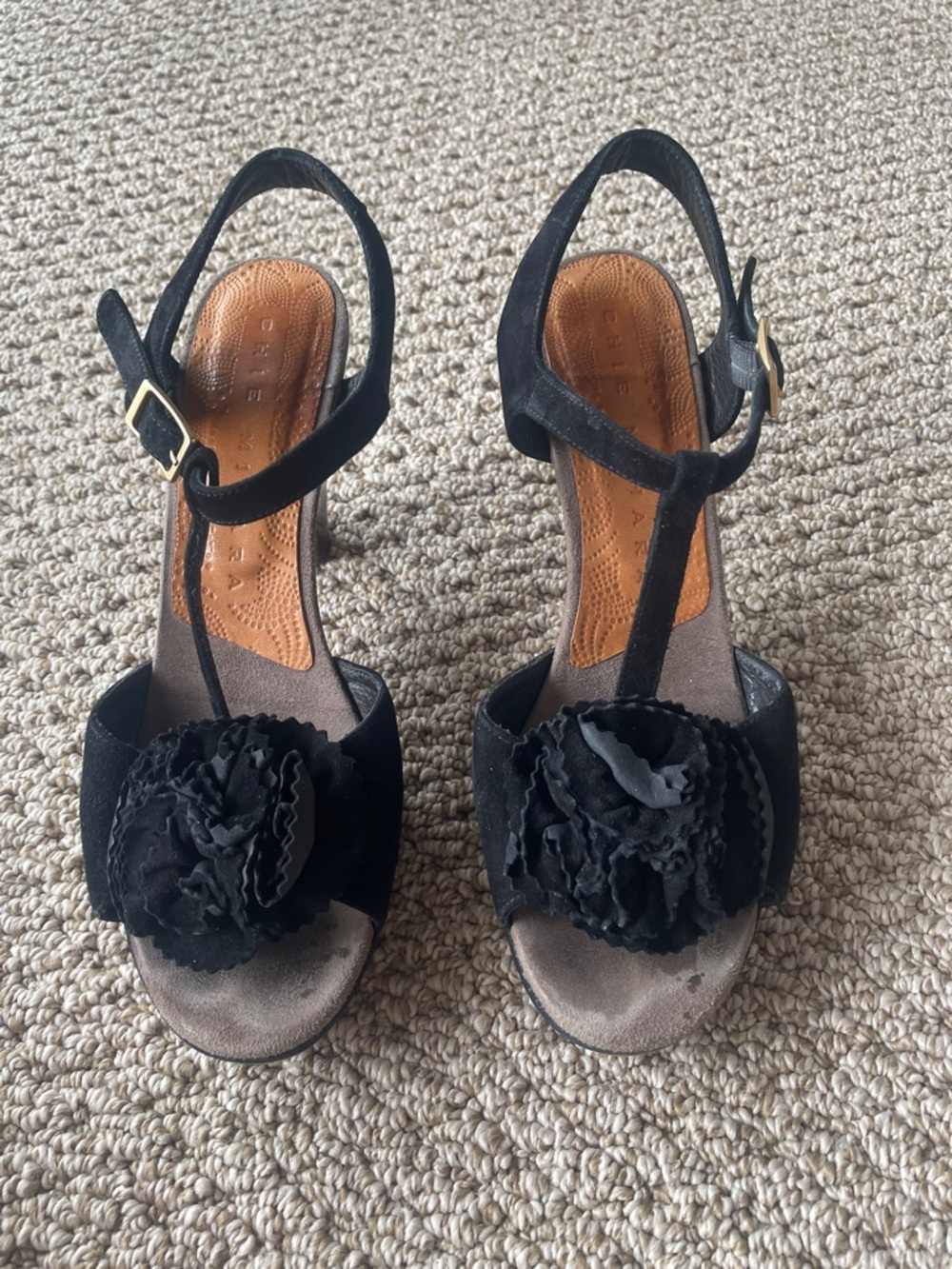 Black Floral T-Strap Women's Sandals